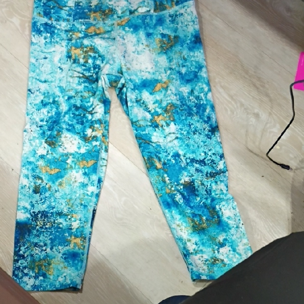 Manduka Blue and Gold Patterned Leggings